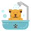 a graphic illustration of a dog sitting in a pet groomer's bath tub