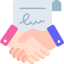 A graphic illustration of hands shaking over signed contracts.