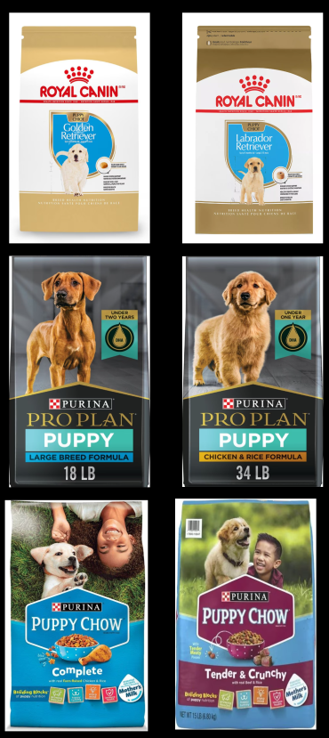 A group of Royal Canin and Purina dog food bags that is recommended to feed by Sunstriders Kennels.